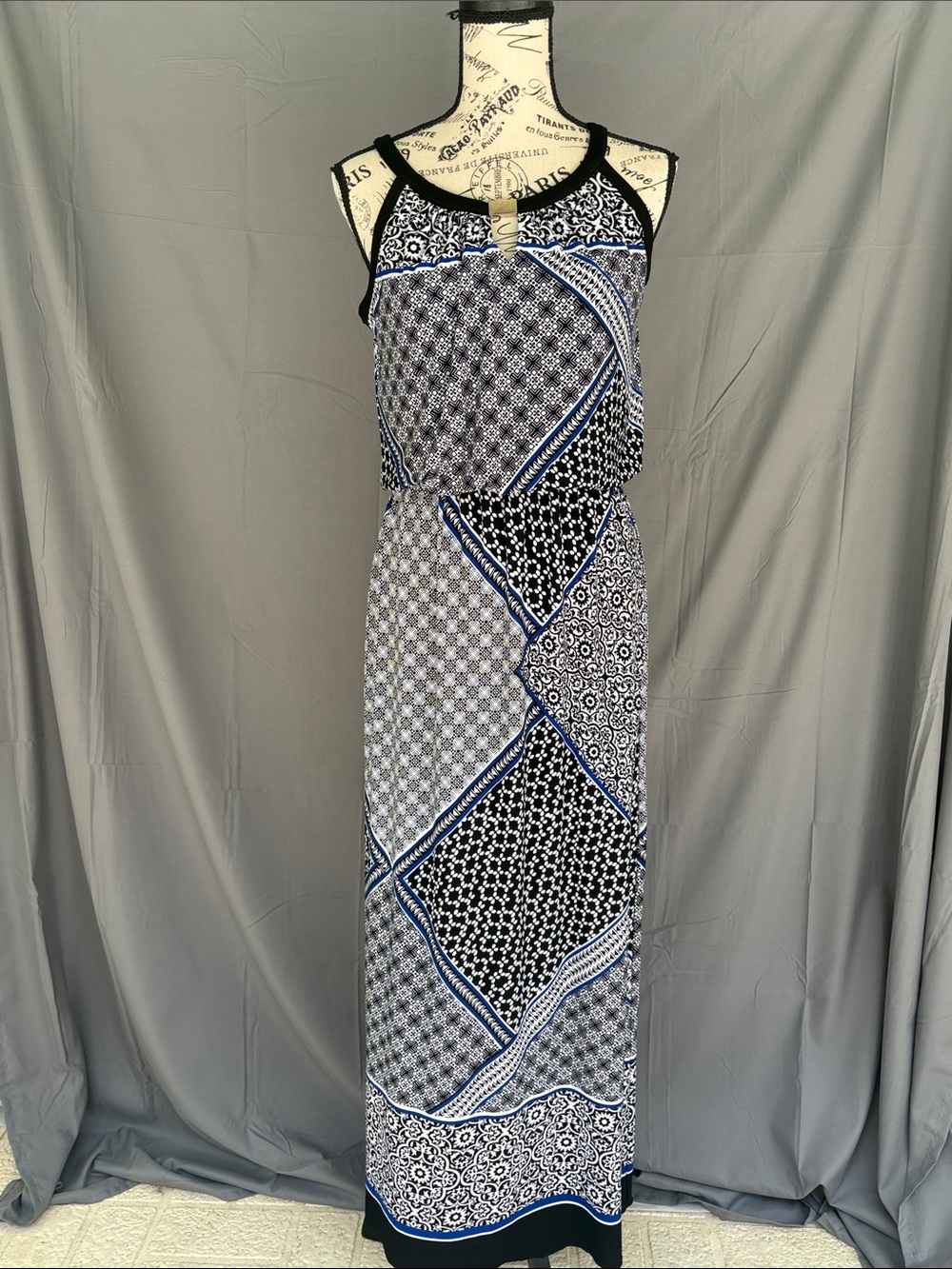 /Enfocus Studio Sleeveless Halter-Style Elastic Waist Black Blue Maxi Dress Sz 4